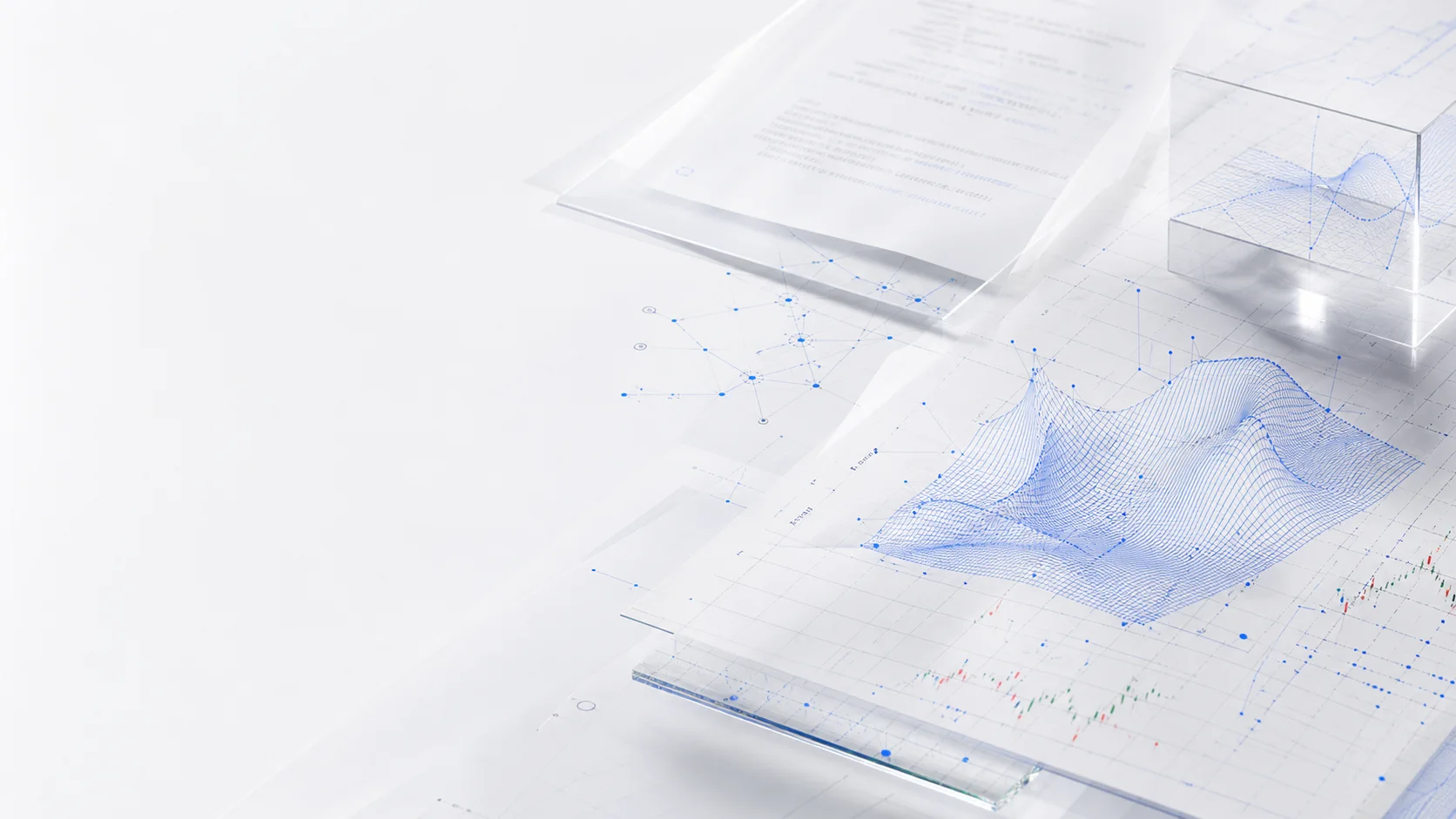 Abstract strategy optimization surface with paper, glass, market grids, and blue parameter topology.